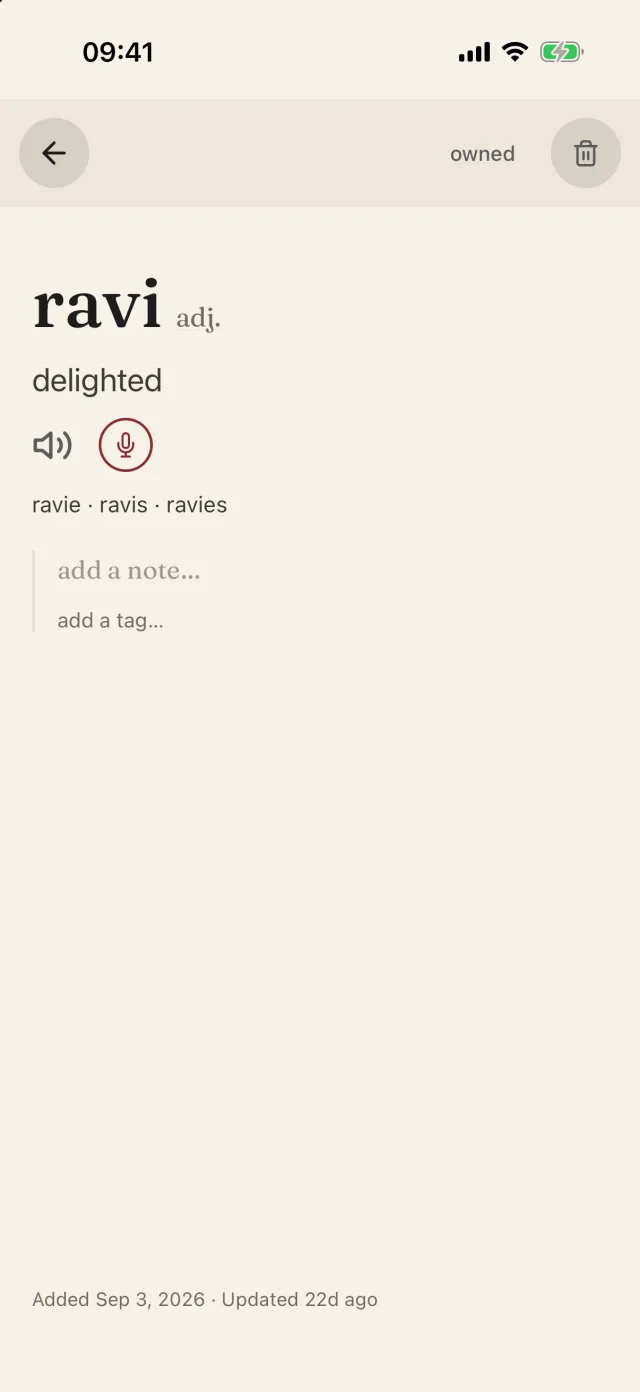 The entry for ravi, with its forms: ravie, ravis, ravies.