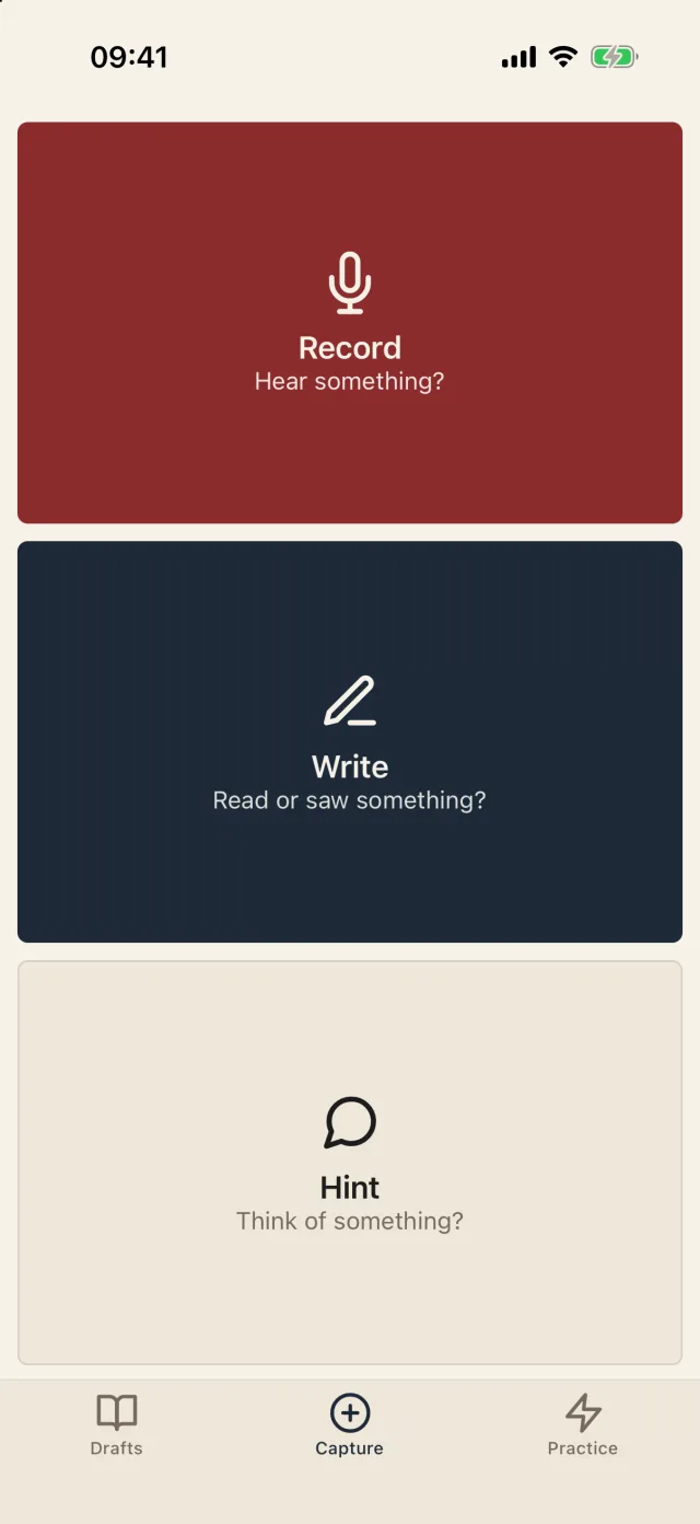 The Capture screen: Record, Write and Hint.