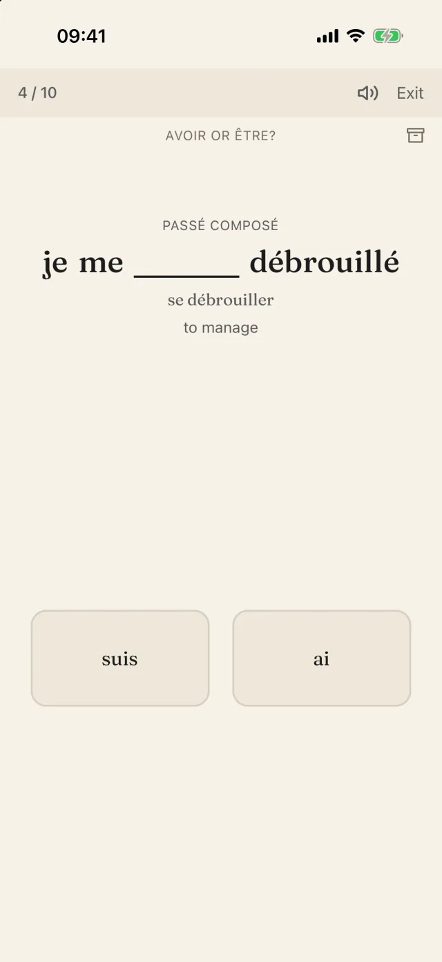 A drill: je me ___ débrouillé, with suis and ai to choose from.