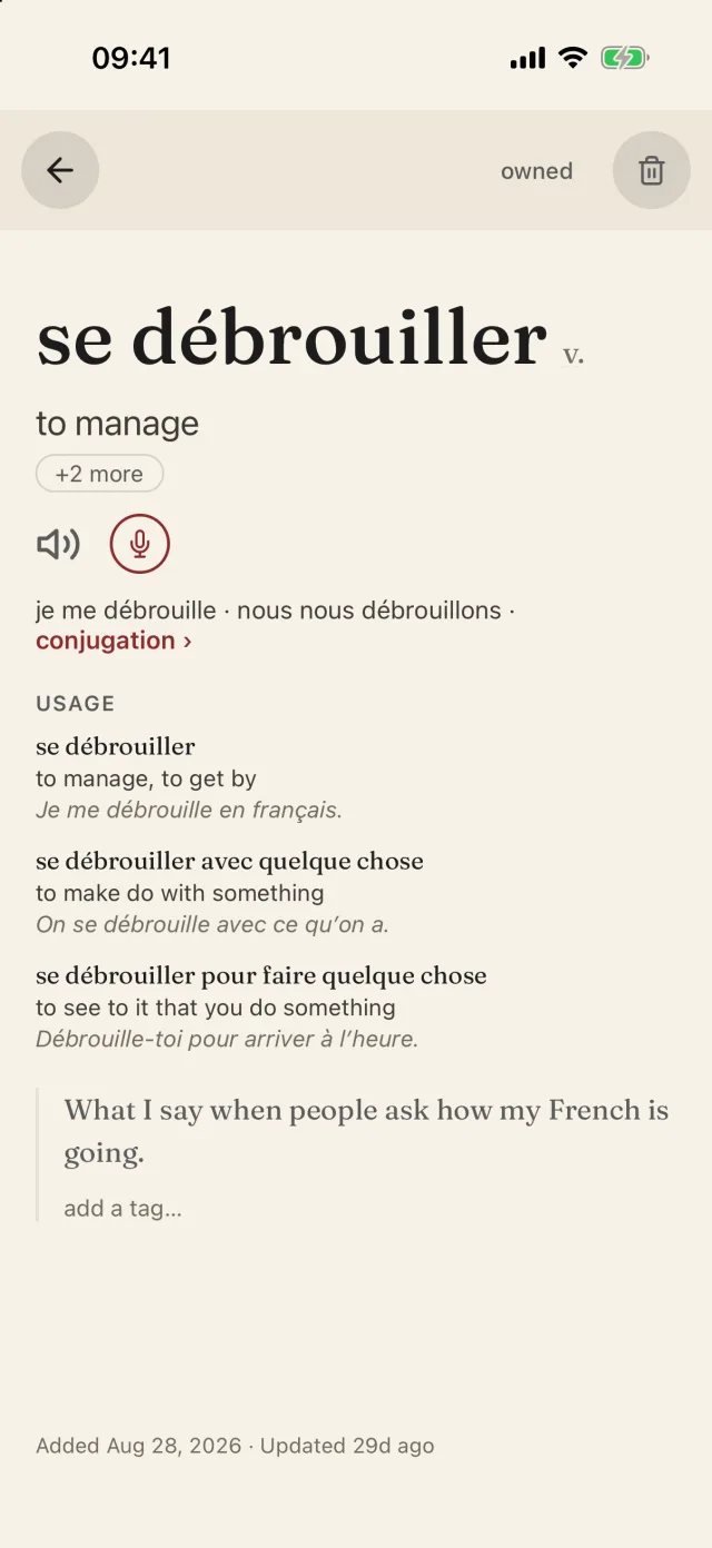 The entry for se débrouiller: translation, conjugation, and three common uses with examples.