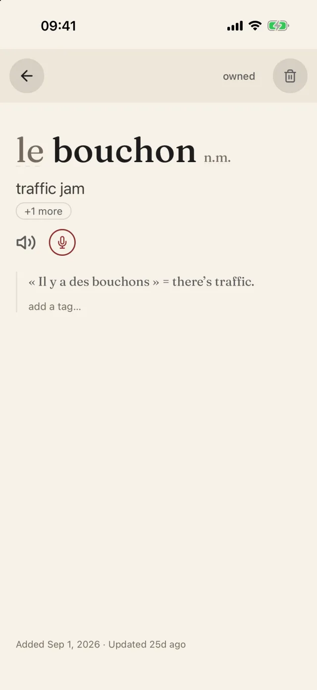 The entry for le bouchon, traffic jam, with a note: “Il y a des bouchons” means there’s traffic.