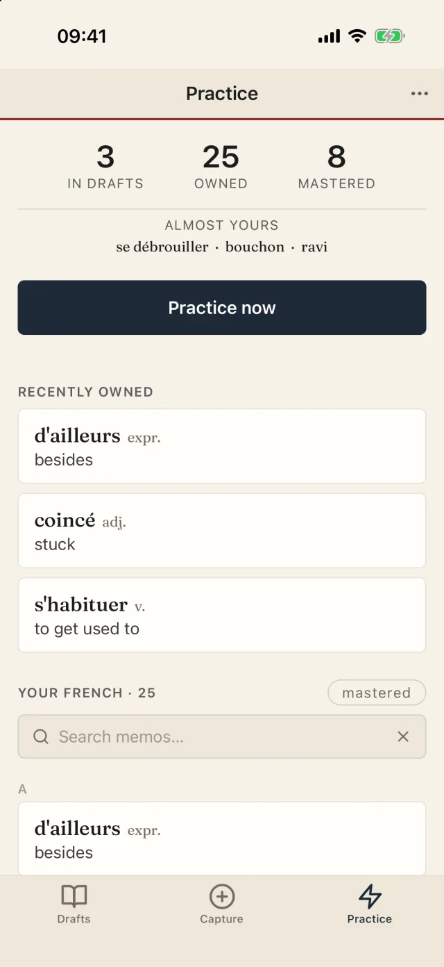The Practice screen: your word counts, and the words that are almost yours.