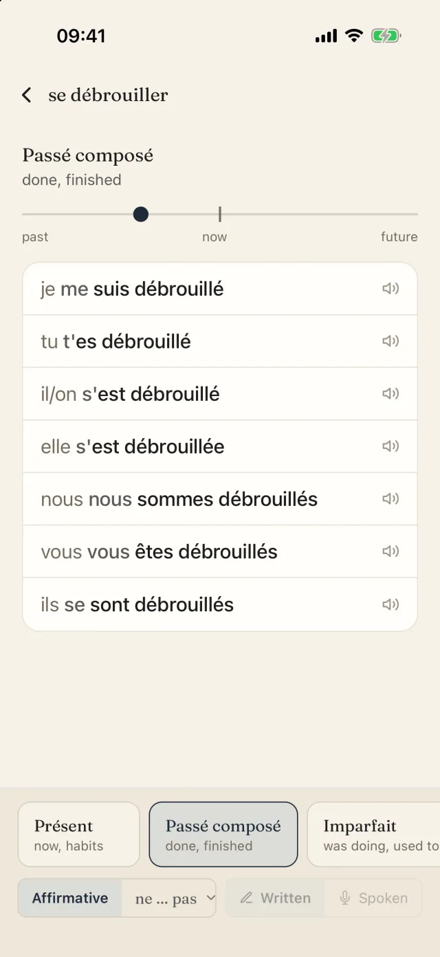 Conjugating se débrouiller in the passé composé, on a past to future line.